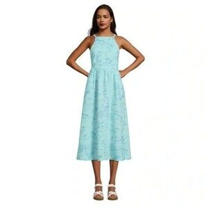 Lands' End Blue High Neck Halter Linen Midi Dress Sailboat Beach print L‎